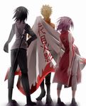  1girl 2boys akisaki artist_request back black_hair blonde_hair cape from_behind haruno_sakura multiple_boys naruto older pink_hair sheath simple_background sword uchiha_sasuke uzumaki_naruto 