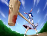  ambiguous_red_liquid animal_ears bloomers blue_dress blue_hair blue_sky bunny_ears cloud day dress foreshortening kine kousei_(public_planet) mallet multi-tied_hair puffy_short_sleeves puffy_sleeves red_eyes seiran_(touhou) short_sleeves sky solo stain sunrise_stance touhou twintails underwear weapon 