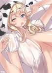  ;o animal_costume atago_(kantai_collection) blonde_hair blue_eyes breasts cow_costume kantai_collection large_breasts looking_at_viewer lying no_bra on_back one_eye_closed open_mouth pillow saliva saliva_trail sensen solo 