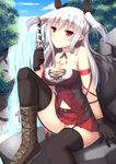  breasts cleavage highres large_breasts long_hair nyarumi original red_eyes silver_hair solo thighhighs two_side_up 