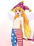  american_flag_legwear blonde_hair blush breasts clownpiece ear_blush fairy_wings hat highres itou_yuuji jester_cap long_hair navel nipples open_mouth pantyhose red_eyes small_breasts smile solo striped striped_legwear topless torch touhou very_long_hair wings 