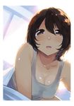  :d akagi_asahito breasts brown_eyes brown_hair cleavage collarbone covered_nipples highres large_breasts looking_at_viewer lying on_stomach open_mouth original short_hair smile solo tank_top 