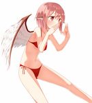  animal_ears bikini bird_wings blush covering_mouth highres looking_away mystia_lorelei no_hat no_headwear pink_eyes pink_hair pspmaru red_bikini short_hair simple_background solo swimsuit touhou white_background wings 