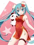  39 2015 :o aqua_eyes aqua_hair blush bun_cover china_dress chinese_clothes cleavage_cutout dated double_bun dress flower hair_flower hair_ornament hatsune_miku leg_garter long_hair open_mouth panda side_slit snowmi solo thighs twintails very_long_hair vocaloid 