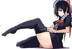  asymmetrical_wings black_dress black_hair black_legwear bow dress houjuu_nue kamukamu_(ars) looking_at_viewer plantar_flexion red_eyes sitting solo thighhighs thighhighs_pull touhou wings 