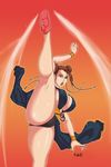 1girl alternate_costume artist_name ass bare_shoulders braid breasts capcom china_dress chinese_clothes chun-li cleavage dress female huge_ass kicking large_breasts legs_up nipples partially_visible_vulva shiny_skin short_hair sideboob simple_background solo street_fighter street_fighter_iv 