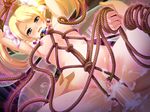  1girl arms_up bdsm blonde_hair blue_eyes bondage bound breasts collar cum cum_in_pussy cum_on_body female game_cg hair_ornament magic maisie_(reizoku_no_majo_april) midriff nipples open_mouth penis pussy reizoku_no_majo_april rope short_hair solo twintails 