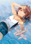  brown_eyes brown_hair i-401_(kantai_collection) ichikawa_feesu kantai_collection open_mouth ponytail sailor_collar school_swimsuit school_uniform seaplane short_hair solo swimsuit swimsuit_under_clothes tan 