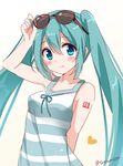  adjusting_eyewear aqua_eyes aqua_hair blush eyewear_on_head hatsune_miku long_hair looking_at_viewer shirt snowmi solo striped striped_shirt sunglasses tattoo twitter_username vocaloid 