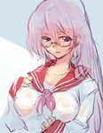  breasts commentary_request glasses large_breasts long_hair lucky_star negresco pink_hair pink_neckwear purple_eyes ryouou_school_uniform school_uniform see-through serafuku solo takara_miyuki wet wet_clothes 