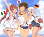  blonde_hair blue_eyes blue_swimsuit breasts brown_eyes brown_hair dress flag flat_chest flower german_flag germany hair_flower hair_ornament hat highres i-401_(kantai_collection) italian_flag italy japan japanese_flag kantai_collection libeccio_(kantai_collection) lifebuoy long_hair medium_breasts multiple_girls one-piece_swimsuit ro-500_(kantai_collection) sailor_dress sino_(sionori) small_breasts swimsuit tan twintails v 