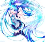  2015 absurdly_long_hair arm_up bad_id bad_pixiv_id black_footwear black_legwear blue_eyes blue_hair boots character_name dated detached_sleeves hand_on_own_chest hatsune_miku headset highres kisaragi_yuu_(fallen_sky) long_hair looking_at_viewer nail_polish necktie open_mouth outstretched_arm simple_background skirt solo thigh_boots thighhighs twintails very_long_hair vocaloid white_background zettai_ryouiki 