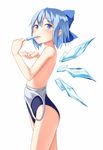  blue_eyes blue_hair blush cirno food hair_ornament hair_ribbon highres ice ice_wings looking_at_viewer one-piece_swimsuit popsicle pspmaru ribbon short_hair simple_background smile solo swimsuit swimsuit_pull tongue topless touhou white_background wings 