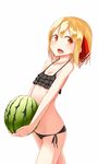  bikini bikini_top black_bikini blonde_hair blush fang food fruit hair_ornament hair_ribbon highres looking_at_viewer open_mouth panties pspmaru red_eyes ribbon rumia short_hair simple_background smile solo swimsuit touhou underwear watermelon white_background 