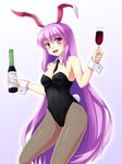  animal_ears bare_arms bare_shoulders between_breasts black_legwear bottle breasts bunny_ears bunny_girl bunny_tail bunnysuit cleavage cup detached_collar drinking_glass fishnet_pantyhose fishnets highleg highleg_leotard isaki_(gomi) leotard long_hair medium_breasts necktie necktie_between_breasts open_mouth pantyhose pink_eyes purple_hair reisen_udongein_inaba smile solo tail touhou very_long_hair wine_bottle wine_glass wrist_cuffs 