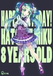  ahoge artist_name character_name full_body gloves green_eyes green_hair happy_birthday hat hatsune_miku headset long_hair mini_hat mini_top_hat open_mouth riccae single_sock single_thighhigh skirt socks solo thighhighs top_hat twintails vocaloid 