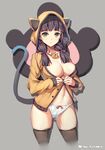  animal_ears animal_hood areola_slip areolae bad_id bad_pixiv_id blush breasts brown_hair cameltoe cat_ears cat_hood cat_tail green_eyes hood large_breasts looking_at_viewer panties solo soulkiller tail thighhighs twintails underwear 