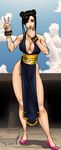  1girl alternate_costume artist_name bare_shoulders braid breasts capcom china_dress chinese_clothes chun-li cleavage dress female large_breasts looking_at_viewer short_hair sky smile solo street_fighter street_fighter_iv v 