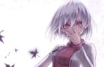 bow covering_mouth futami_kito grey_hair hand_over_own_mouth kishin_sagume long_sleeves looking_at_viewer red_eyes shirt solo touhou vest 