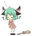  :3 animal_ears bamboo_broom broom brown_dress closed_eyes dress fang flapping_ears flying green_hair kasodani_kyouko open_mouth pila-pela sleeping solo touhou 