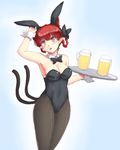  animal_ears beer_mug black_legwear bow braid breasts bunny_ears bunny_girl bunnysuit cat_ears cat_tail cleavage detached_collar extra_ears fake_animal_ears hair_bow isaki_(gomi) kaenbyou_rin leotard medium_breasts multiple_tails open_mouth pantyhose red_eyes red_hair solo tail touhou tray twin_braids wrist_cuffs 