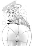  ass ass_focus bent_over cameltoe candy food greyscale guilty_gear halo highres jack-o'_valentine kurozu_(crozu) lollipop long_hair looking_at_viewer looking_back monochrome one_eye_closed pantylines solo tight trefoil 