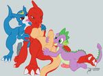  2015 anthro arashidrgn balls blue_eyes charmander claws digimon dragon erection friendship_is_magic group group_sex horn male male/male my_little_pony nintendo nude penis pok&eacute;mon scalie sex signature spike spike_(mlp) threesome tongue uncut veemon video_games 
