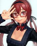  bangs bow breasts cleavage detached_collar frills glasses hair_ribbon hairband joukamachi_no_dandelion lasterk light_smile long_hair long_sleeves looking_at_viewer low_twintails red-framed_eyewear red_eyes red_hair ribbon sakurada_akane scarlet_bloom simple_background small_breasts smile solo twintails upper_body v very_long_hair 