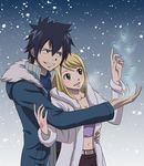  1girl black_hair blonde_hair breasts brown_eyes cleavage fairy_tail gray_fullbuster heart lucy_heartfilia medium_breasts open_mouth smile snow tattoo 