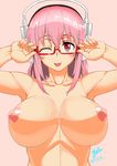  ;p bespectacled blush breasts commentary_request glasses headphones large_breasts long_hair looking_at_viewer nipples nishiumi_yuuta nitroplus one_eye_closed pink_hair red_eyes smile solo super_sonico tongue tongue_out 