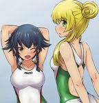  arms_behind_head arms_up black_hair blonde_hair braid brand_name_imitation breasts carpaccio commentary_request competition_swimsuit girls_und_panzer green_eyes hair_up looking_at_viewer looking_away medium_breasts multiple_girls non-web_source one-piece_swimsuit one_eye_closed open_mouth pepperoni_(girls_und_panzer) side_braid smile solokov_(okb-999) standing swimsuit 