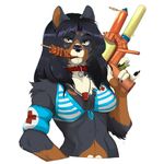 2015 anthro bikini blackberry brown_hair canine clothing collar dog eating female food hair kebab lifeguard looking_at_viewer lunch mammal nurse saliva shebeast simple_background solo stick supersoaker swimsuit water_gun whistle white_background 