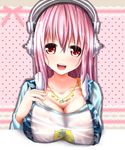  blush breast_rest breasts cleavage commentary_request evandragon fourth_wall headphones highres hood hoodie large_breasts long_hair looking_at_viewer nitroplus open_mouth pink_hair red_eyes see-through solo super_sonico wet wet_clothes 
