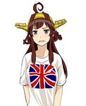  ahoge brown_hair casual clothes_writing commentary_request double_bun flag_print frown hairband kanji kantai_collection kongou_(kantai_collection) long_hair looking_at_viewer print_shirt purple_eyes remodel_(kantai_collection) shirt simple_background solo t-shirt translated union_jack upper_body watanore white_background yellow_hairband 