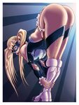  artist_request ass blonde_hair blue_eyes breasts female gradient gradient_background large_breasts long_hair looking_at_viewer rainbow_mika solo street_fighter striped_background thighs twintails wrestling_mask wrestling_outfit 