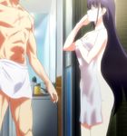  1girl abs grisaia_(series) grisaia_no_kajitsu highres kazami_yuuji long_hair muscle naked_towel sakaki_yumiko scar shower standing stitched towel 