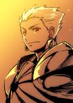  armor blonde_hair commentary_request earrings fate/grand_order fate/stay_night fate_(series) gilgamesh hair_slicked_back ishida_akira jewelry male_focus nose red_eyes solo spot_color upper_body 