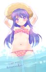  akatsuki_(kantai_collection) arms_up bare_shoulders bikini hat highres kantai_collection long_hair looking_at_viewer navel polka_dot polka_dot_swimsuit purple_eyes purple_hair sasachin_(k+w) smile solo sun_hat swimsuit wading water 