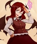  ;d arm_up bat_wings bespectacled buttons collared_shirt commentary dress_shirt eyelashes glasses hair_between_eyes hand_on_hip happy head_tilt head_wings inugami_akito koakuma long_hair long_sleeves low_wings necktie one_eye_closed open_mouth red_eyes red_hair salute semi-rimless_eyewear shirt simple_background skirt skirt_set smile solo tan_background touhou vest white_shirt wings 