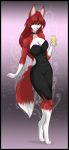  2009 alcohol arctic-sekai beverage champagne clothing collar dress female fluffy fluffy_tail foxcat fur green_eyes hair linda_wright little_black_dress red_fur red_hair simple_background solo 