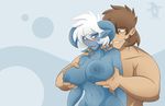  abstract_background big_breasts blue_eyes blue_skin blush breast_fondling breast_grab breasts brown_hair draenei duo erect_nipples female fondling green_eyes hair horn human male male/female mammal nipples nude obhan simple_background video_games warcraft white_hair world_of_warcraft 