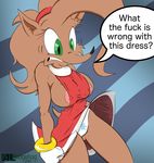  abstract_background alhedgehog alice_(alhedgehog) anthro big_breasts breasts clothed clothing cosplay costume dialogue english_text female green_eyes hedgehog hi_res mammal nipple_slip nipples panties simple_background skimpy solo sonic_(series) text tight_clothing underwear wardrobe_malfunction 