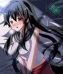  black_hair blush clock digital_clock heavy_breathing implied_masturbation kantai_collection long_hair lying open_mouth pillow ponytail red_eyes solo sweatdrop yahagi_(kantai_collection) yuuki_hb 