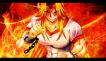  blonde_hair breasts bruise clenched_hands cuffs fighting_stance fire grin highres horn hoshiguma_yuugi injury large_breasts long_hair muscle muscular_female red_eyes shackles shirt smile solo t-shirt touhou yagami_(mukage) 