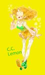  :q blonde_hair c.c._lemon c.c._lemon_(character) closed_eyes copyright_name earrings freckles hair_ornament heart high_heels highres jewelry nail_polish skirt smile solo suspender_skirt suspenders thighhighs tongue tongue_out wakanagi_eku white_legwear yellow_background 