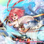  1girl 2012 ahoge brown_eyes character_request cloud dragon gloves guilty_dragon midriff minimaru pants red_hair short_hair sky smile solo tattoo yowkow_(.hack//) 