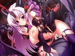  1girl areolae bare_shoulders bat_wings black_legwear black_thighhighs blush breasts cum cum_in_pussy cum_on_clothes demon_girl demon_tail demon_wings detached_sleeves devil_girl exstia female flower game_cg horn horns kouyoku_senki_exs-tia large_breasts long_hair lusterise midriff navel nipples parted_lips pink_eyes plump pointy_ears rose straight_hair succubus tail tattoo thighhighs white_hair wings 