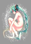  caffein closed_eyes fetal_position from_side full_body green_hair grey_background hatsune_miku headphones highres long_hair nude profile solo sparkle twintails very_long_hair vocaloid 