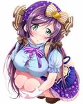  arihara_(arhr0) blush bow breasts candy_wrapper food_themed_hair_ornament gloves green_eyes hair_ornament hair_over_shoulder hair_ribbon hat head_tilt large_breasts long_hair looking_at_viewer love_live! love_live!_school_idol_project purple_hair ribbon skirt smile solo squatting toujou_nozomi twintails white_gloves 