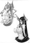  breasts collar detached_sleeves greyscale highres honjou_raita large_breasts long_hair mahou_shoujo_(raita) monochrome multiple_girls nipples sasaki_kotone suzuhara_misae 